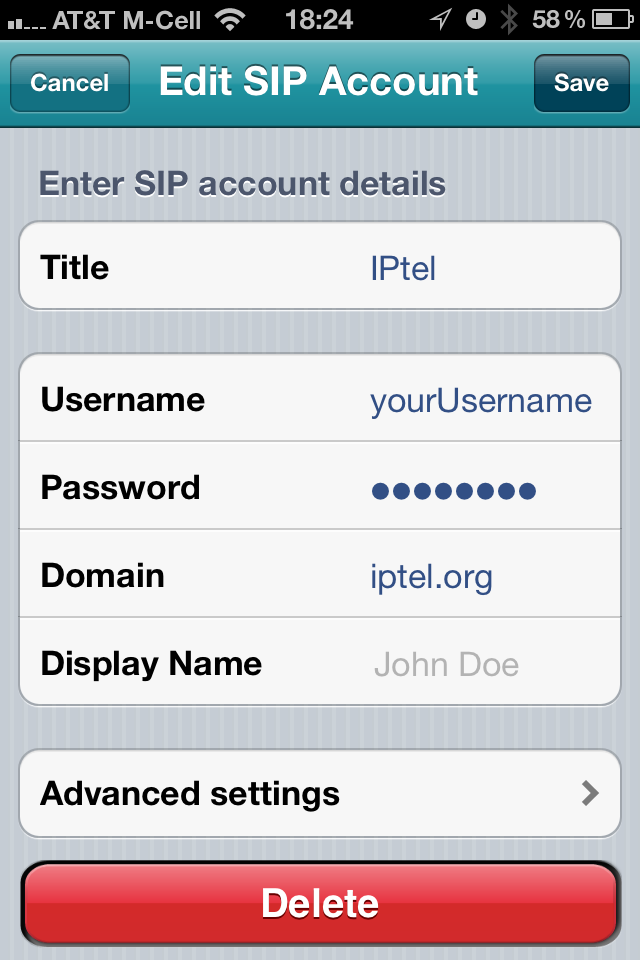 IPTel Settings for Acrobits